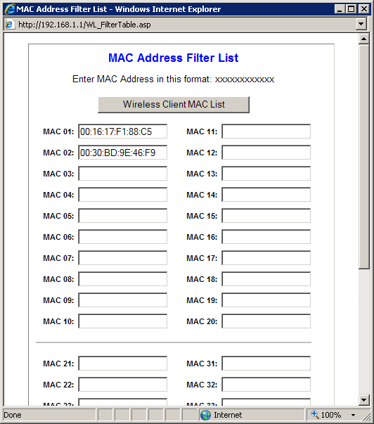 Lista de filtros de direcciones MAC