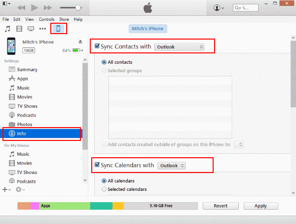 Configuración de sincronización de Outlook de iTunes