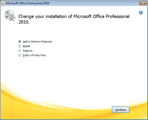 Opción Agregar Eliminar funcionalidad en Office 2010