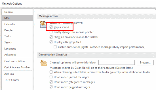 Outlook 2016 Reproducir una configuración de audio