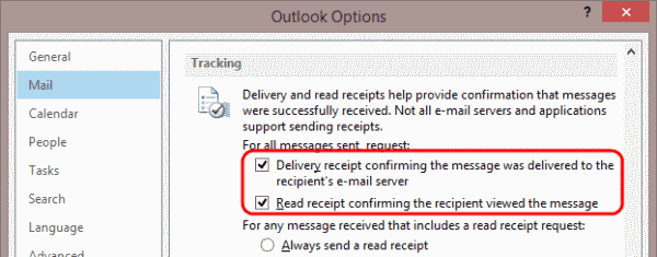 Opciones de recibo de solicitud de Outlook