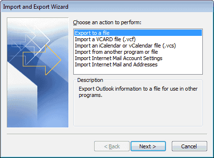 Outlook exporta a una opción de archivo