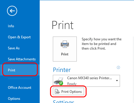 Opciones de impresión de Outlook 2013