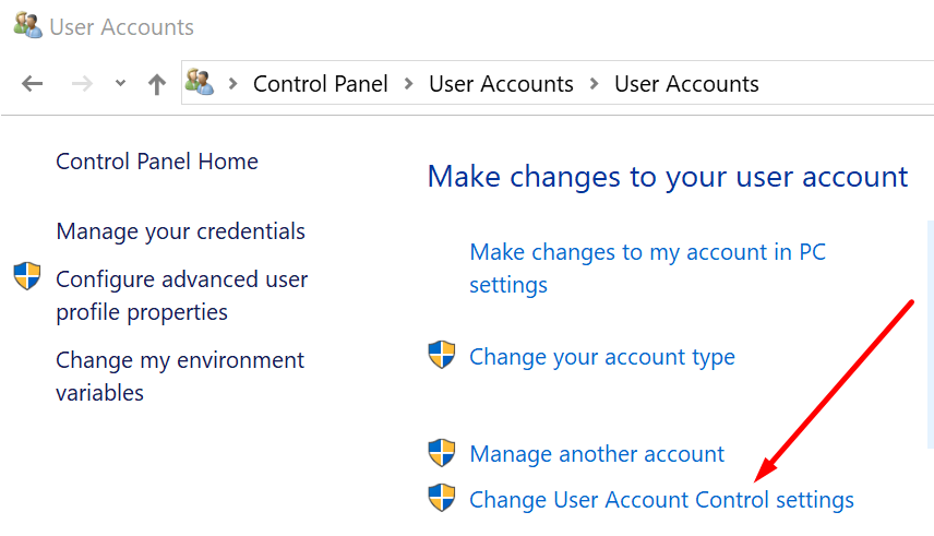 cambiar la configuración del Control de cuentas de usuario de Windows 10