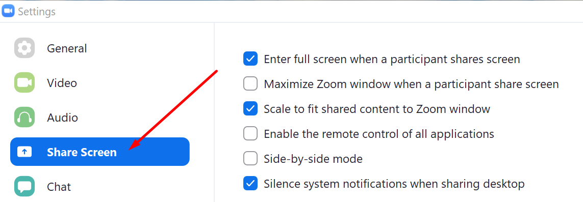 configuración de pantalla de compartir zoom