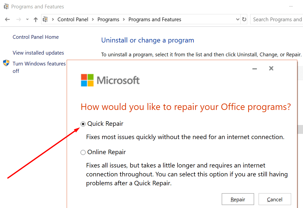 Windows 10 para una reparación rápida