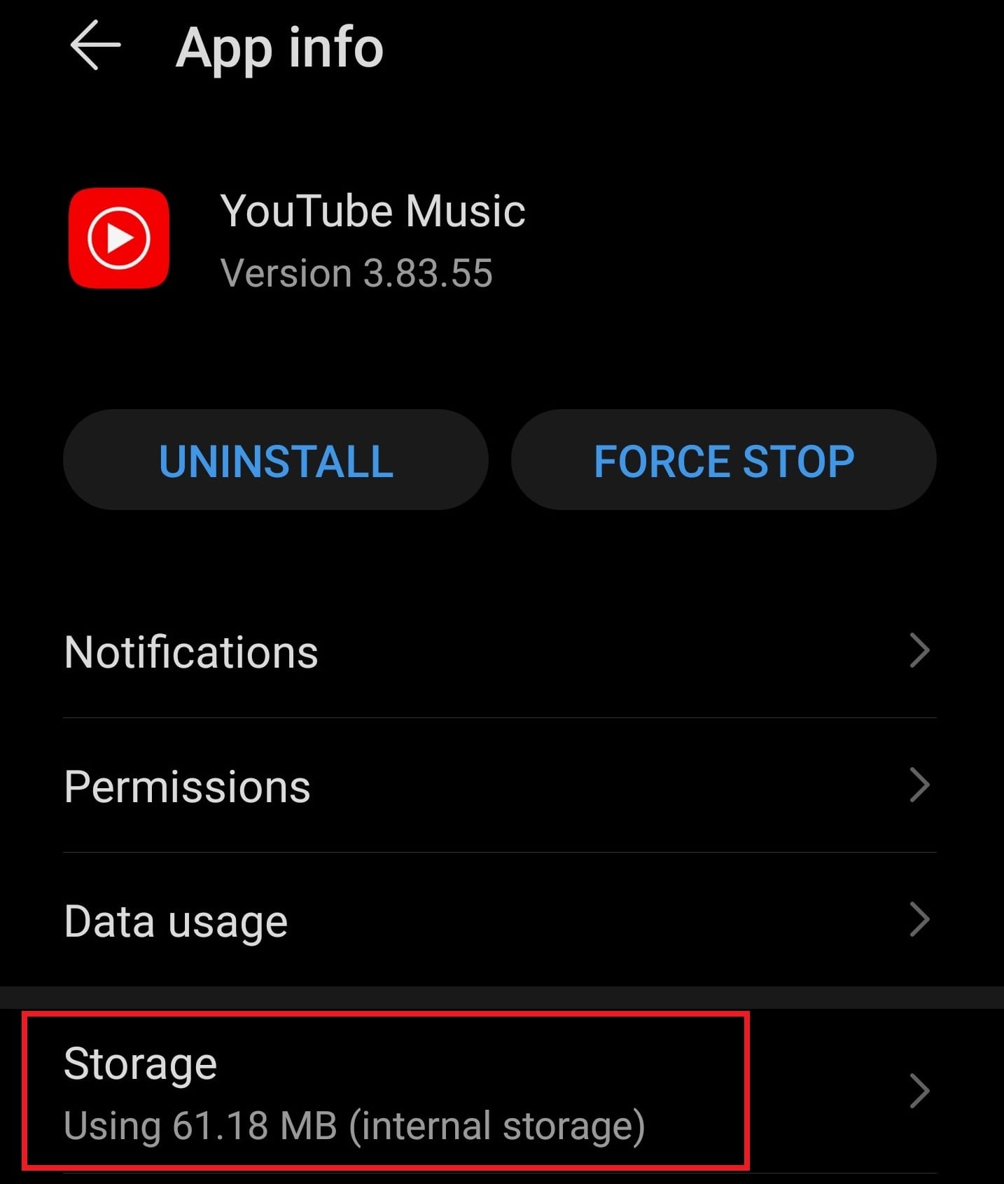 Configuración de almacenamiento de música de YouTube