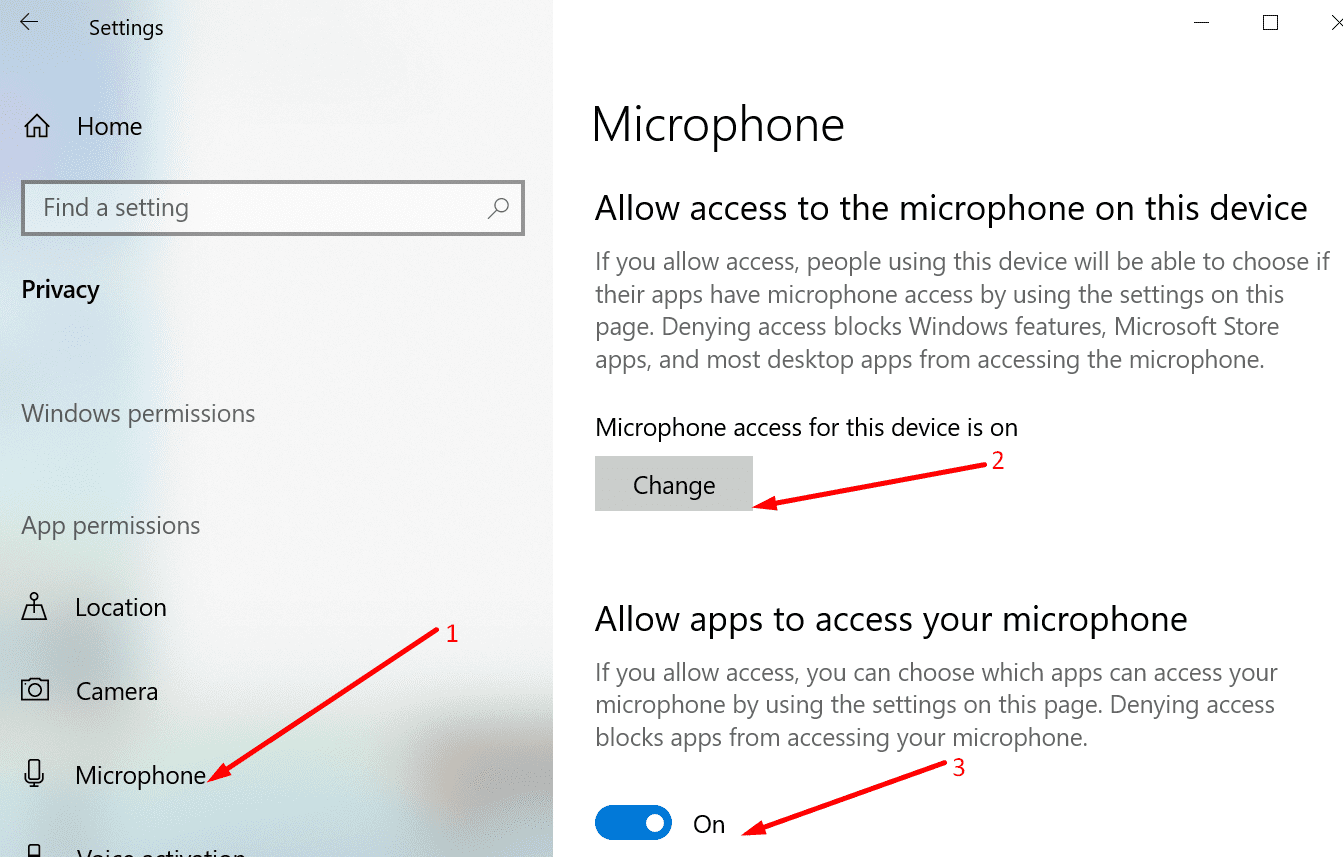 habilitar el acceso al micrófono de Windows 10