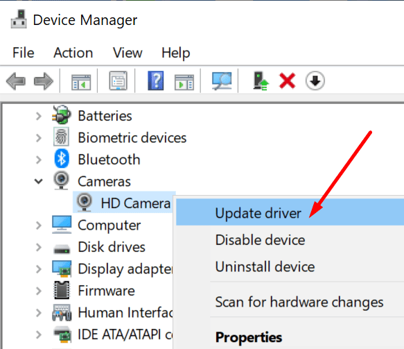 actualizar el controlador de la cámara web de Windows 10