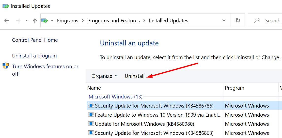 desinstalar la actualización de Windows 10