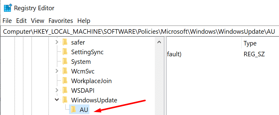 Editor de registro de claves de WindowsUpdate
