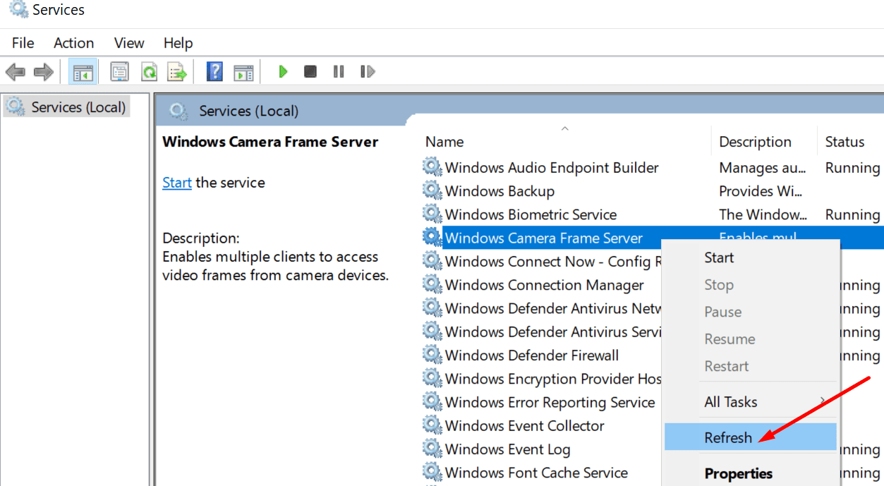 actualiza el servicio Windows Camera Frame Server