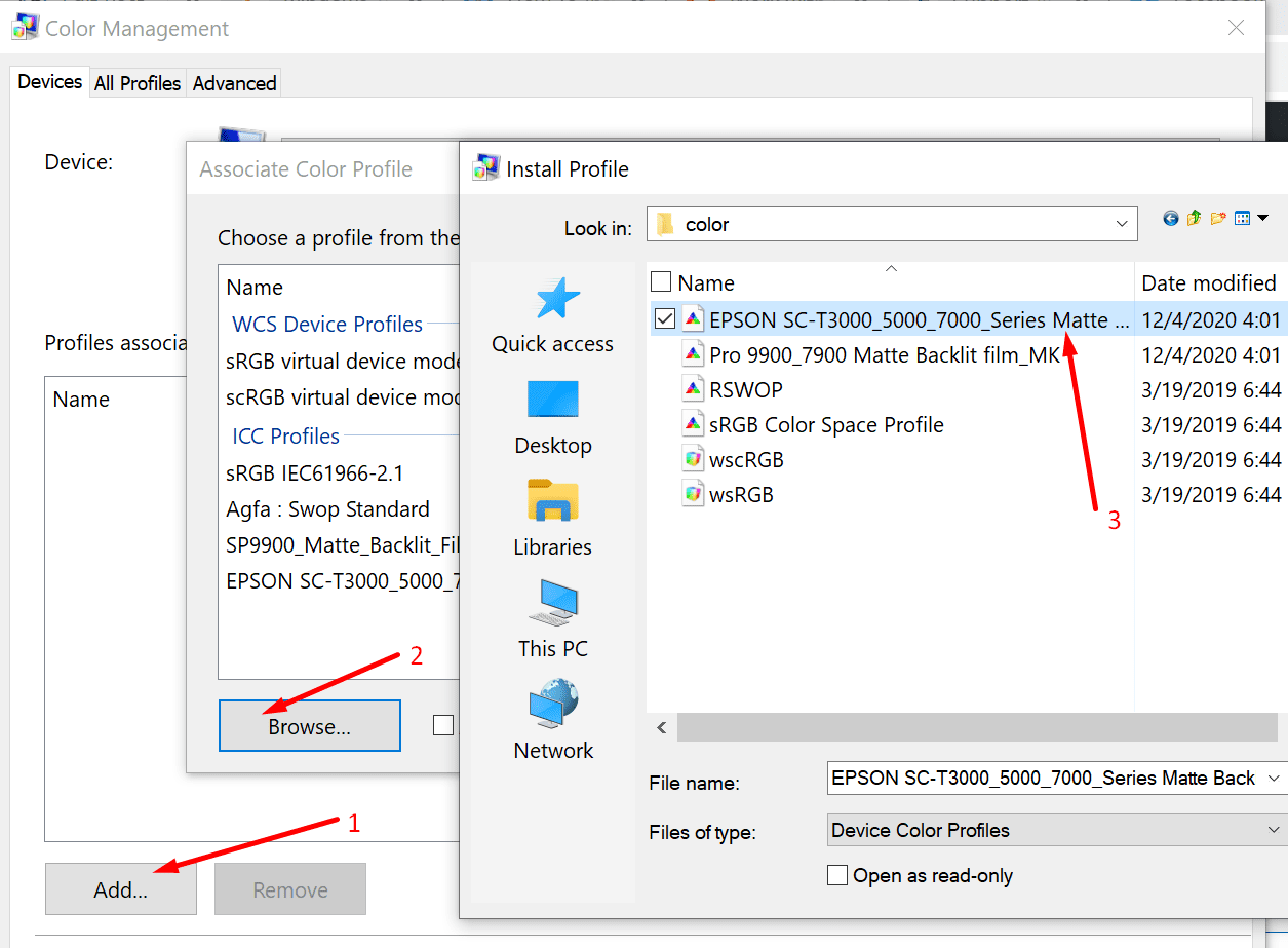 agregar icc gestión de color de perfil de windows 10
