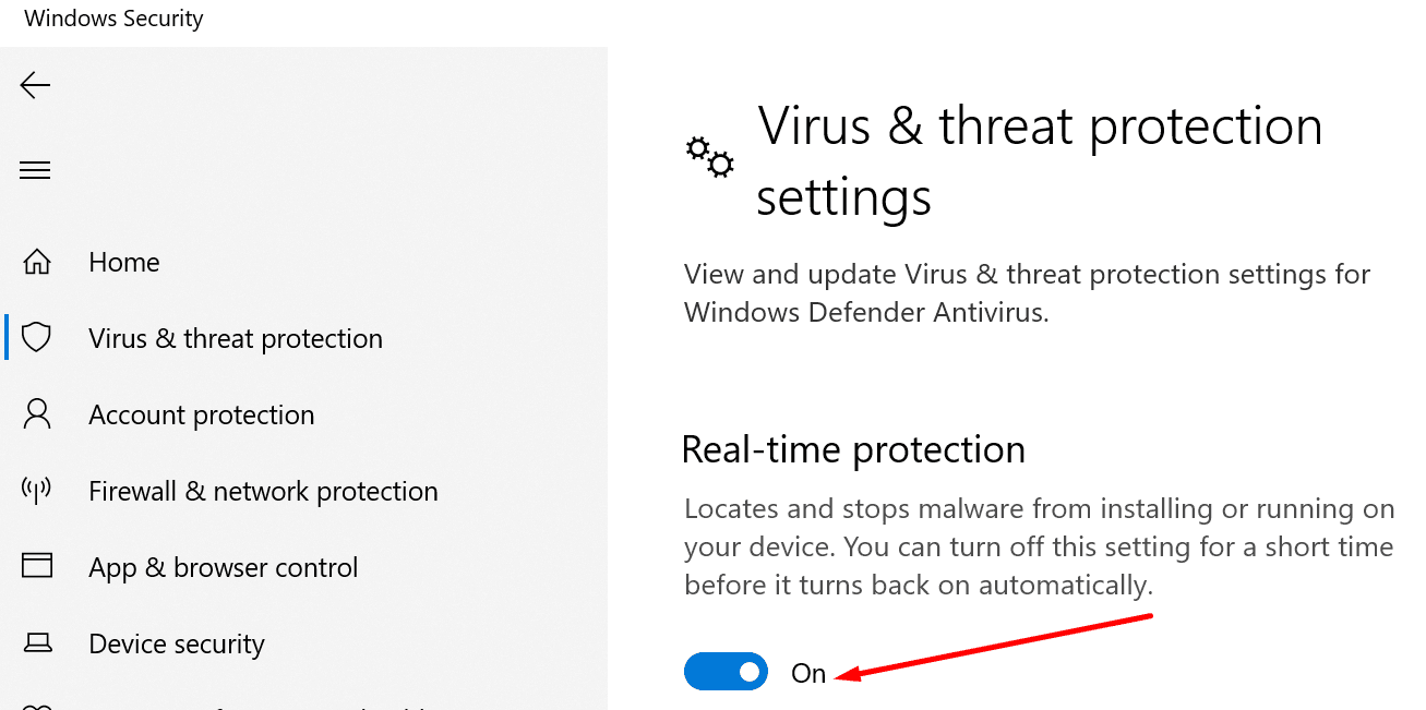 deshabilitar la protección en tiempo real de seguridad de Windows
