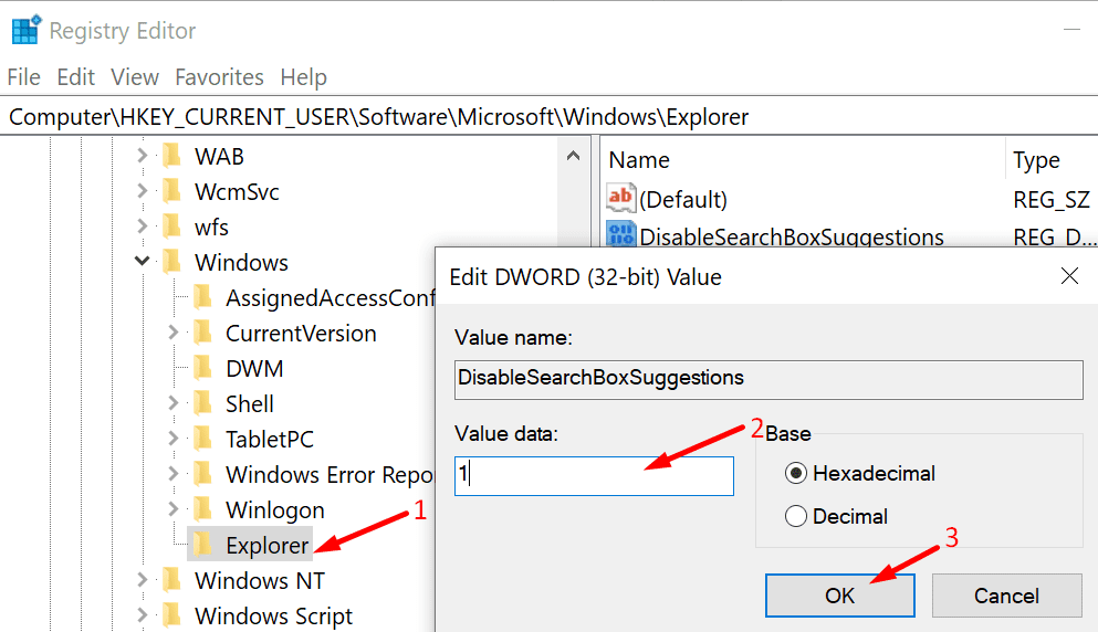 deshabilitar las sugerencias del cuadro de búsqueda de Windows 10