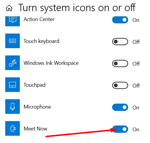 deshabilitar la configuración de Windows 10 Meet Now