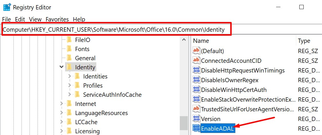 habilitar el editor de registro ADAL Windows 10