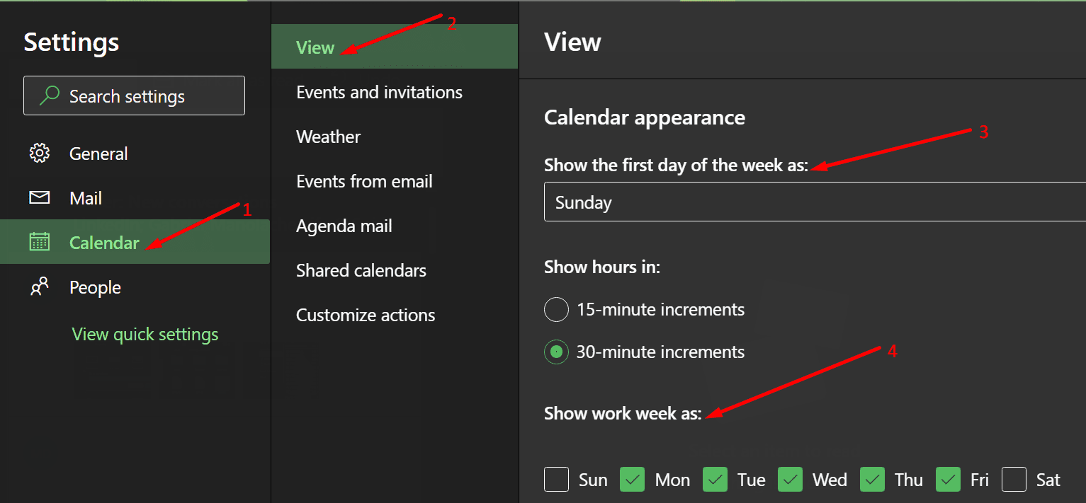 cambiar la configuración de los días de la semana de Outlook