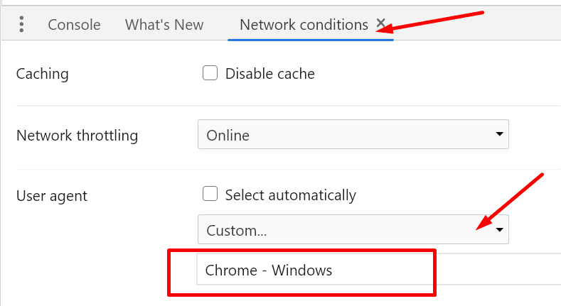 condiciones de red agente de usuario de chrome windows chrome
