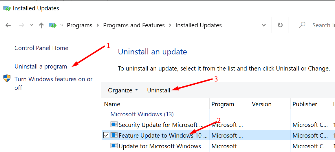 desinstalar el Panel de control de Windows 10 Update