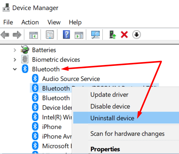 desinstalar el administrador de dispositivos del dispositivo Bluetooth