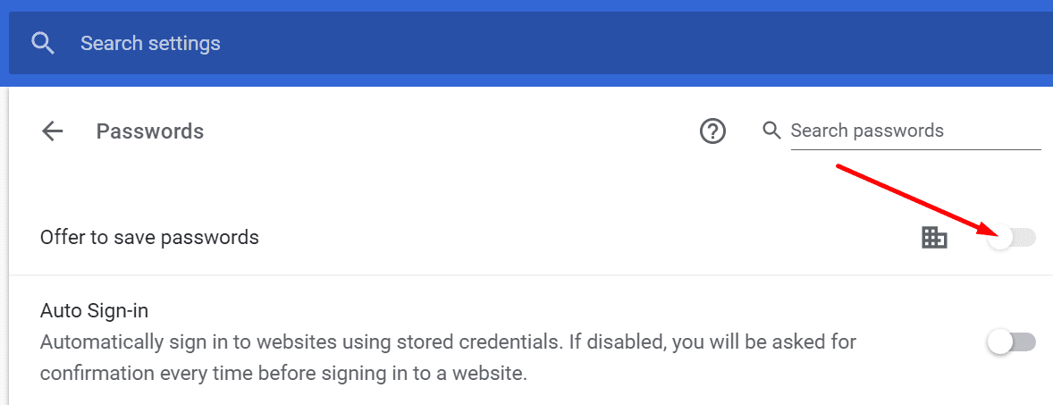 Chrome deshabilita la oferta para guardar contraseñas