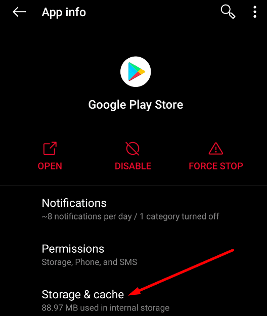 Memoria y caché de OnePlus Google Play Store