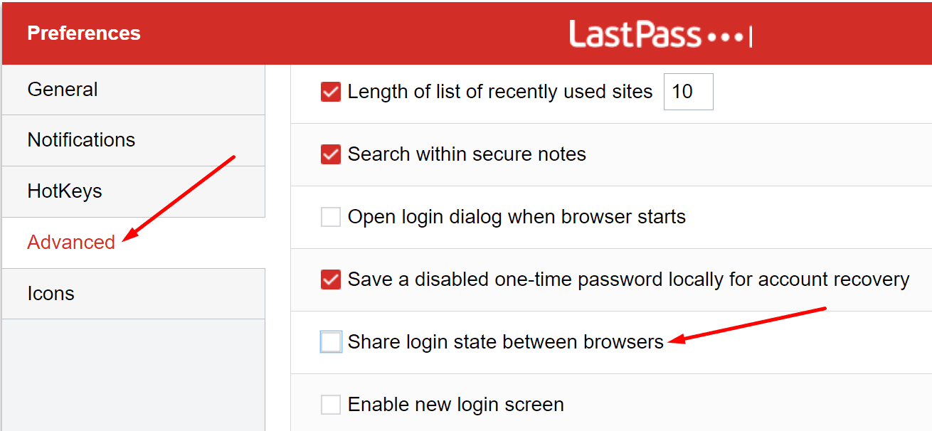 lastpass comparte el estado de inicio de sesión entre navegadores