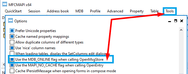 Utilice MDB_ONLINE al llamar a OpenMsgStore MFCMAPI