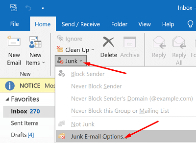 opciones de correo electrónico no deseado de Outlook