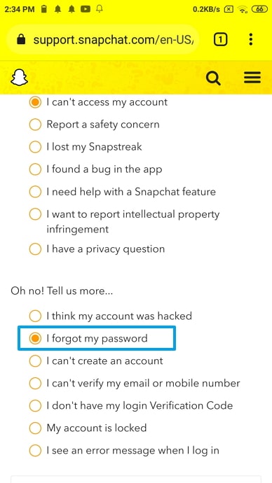 restablecer la contraseña de Snapchat sin número de teléfono o correo electrónico